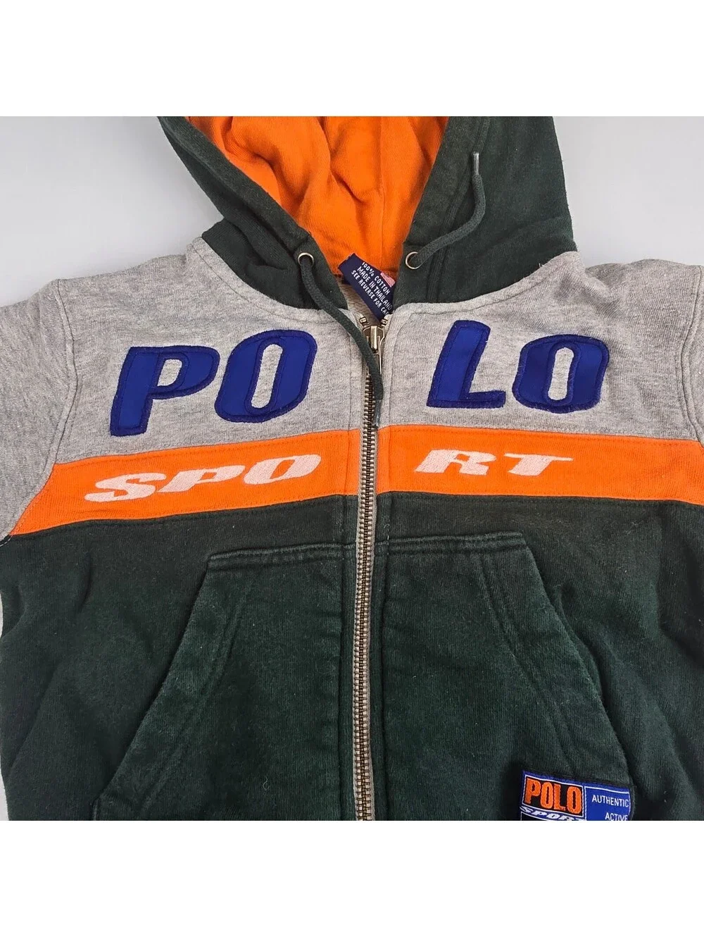 Vintage 90s Ralph Lauren Polo Sport Boy Zip Hoodie Sweatshirt Green Orange Gray